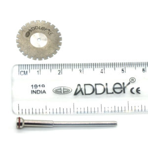 ADDLER DIAMOND DISC ABRASIVE FOR DENTURE CERAMIC PORCELAIN CUTTING GRINDING & POLISHING FOR HP CONTRA MICROMOTOR MEDIUM GRIT FLEXI. SIZE 220 MM DIA. DOUBLE SIDED DIAMOND DISC. FREE MANDREL + FREE BUR STAND