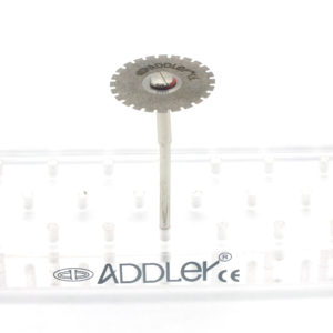 ADDLER DIAMOND DISC ABRASIVE FOR DENTURE CERAMIC PORCELAIN CUTTING GRINDING & POLISHING FOR HP CONTRA MICROMOTOR MEDIUM GRIT FLEXI. SIZE 220 MM DIA. DOUBLE SIDED DIAMOND DISC. FREE MANDREL + FREE BUR STAND