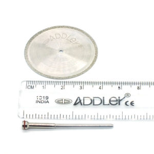 ADDLER DIAMOND DISC ABRASIVE FOR DENTURE CERAMIC PORCELAIN CUTTING GRINDING & POLISHING FOR HP CONTRA MICROMOTOR MEDIUM GRIT FLEXI. SIZE 400 MM DIA. DOUBLE SIDED DIAMOND DISC WITH MANDREL