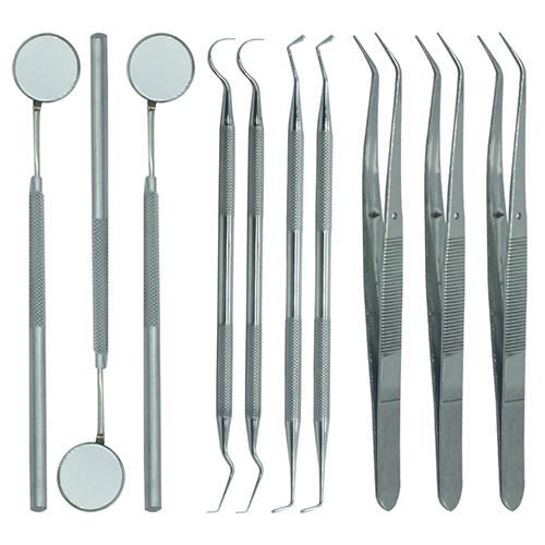 DENTAL MOUTH MIRROR WITH HANDLE, EXPLORER, PLASTIC FILLING & TWEEZER DOUBLE ENDED SERETED 5 MM HANDEL QTY-10 ADDLER