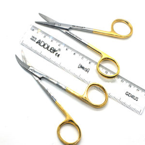 ADDLER DENTAL GUM SURGERY GOLDEN SCISSOR IRIS. 1 STRAIGHT AND 1 SIDE CURVED UP 4.5 INCHES QTY 2. Life Time Anti Rusting Warranty.