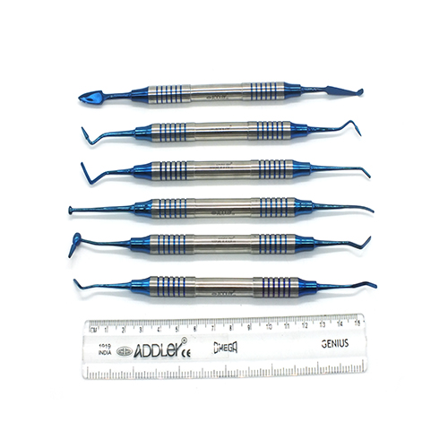 ADDLER Dental Premium Composite Non Stick Blue Titanium Coated Hollow Light Weight No Slip, No Rust, 9 MM, Dia Handle Kit Of 6 Filling Instrument For Glass Ionomer Application.