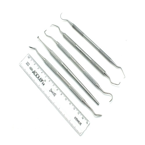 ADDLER Dental Teeth Hygiene Oral Care Kit Of Amalgam Carver, Scaler, Universal Scaler, Curettes, Explorer D/E. Serrated Double Ended, 6 MM Handle. No Slip. No Rust Autoclavable Qty 6.