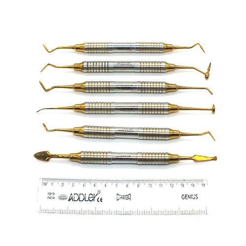 ADDLER Dental Premium Composite Non Stick GOLD Coated Hollow Light Weight No Slip, No Rust, 9 MM, Dia Handle Kit Of 6 Filling Instrument For Glass Ionomer Application.