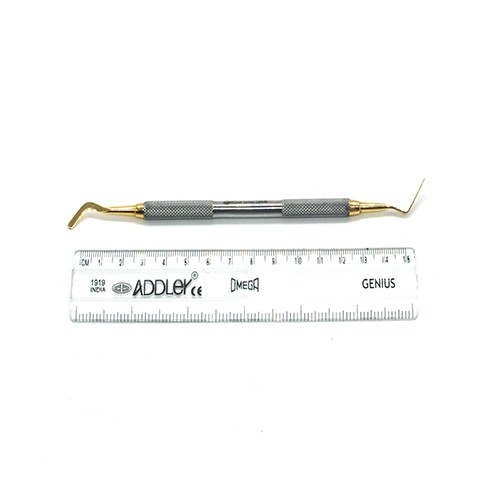 ADDLER Dental Filling Composite Plastic Horizontal And Vertical Flat Round Golden Non Stick Ends Serrated Dull No Reflect 6 MM Handle.Qty-1.