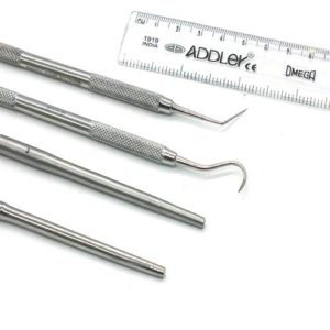 ADDLER Dental Plaque Tartar Debris, Calculus Removing Home Kit Of 4. Scaler, Explorer, Mouth Mirror With Handle. Serrated Double Ended, 6 MM Handle. Qty 4.