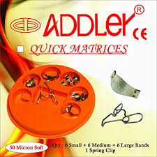 ADDLER DENTAL SADDLE MATRICES. HOLED ENDS FOR CLIP HOOKS. 50 MICRON SOFT. 6 SMALL + 6 MEDIUM + 6 LARGE BANDS + 1 SPRING CLIP. NON RUSTING DENTAL SADDLE MATRICES ADDLER ( 50 MICRON SOFT) 6 SMALL+6 MEDIUM + 6 LARGE BANDS+1 SPRING CLIP