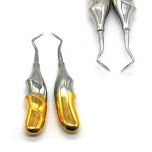 ADDLER DENTAL ELEVATOR APEXO RIGHT AND LEFT POINTED END CONCAVE BLADE DOUBLE FORGING EASY FINGER NON SLIP GRIP GOLDEN HANDLE NO RUSTING. LIGHT WEIGHT 4SA 5SA