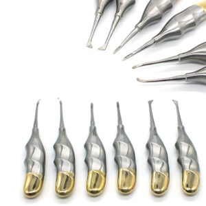 ADDLER DENTAL ELEVATORS APEXO CRYERS FINGER EASY GRIP LIGHT WEIGHT DOUBLE FORGED GOLDEN HANDLE. 3MM ST POINTED TIPS. NO RUST, NO SLIP, HANDLE. QTY-6.